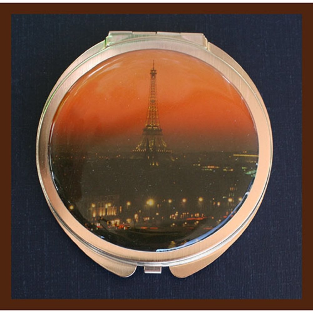 vintage Paris souvenir brushed gold-tone women's 3" mirror compact